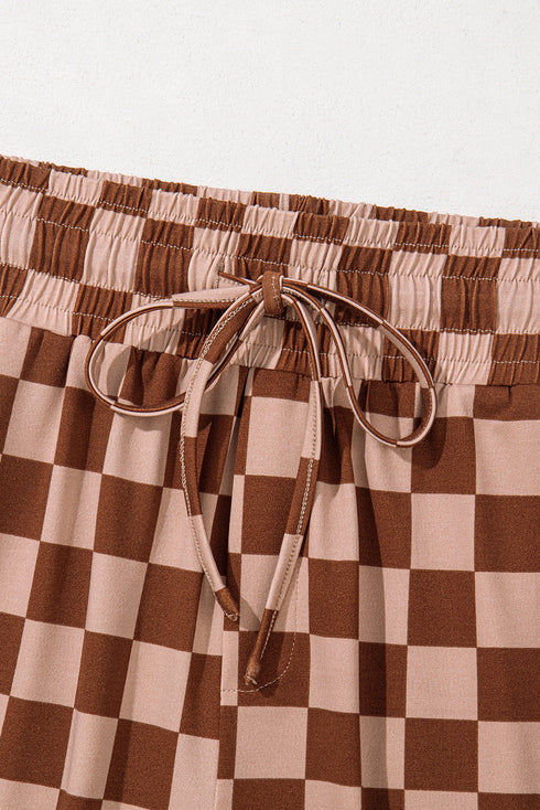 High Waist Wide Leg Checkered Pull On Casual Pants